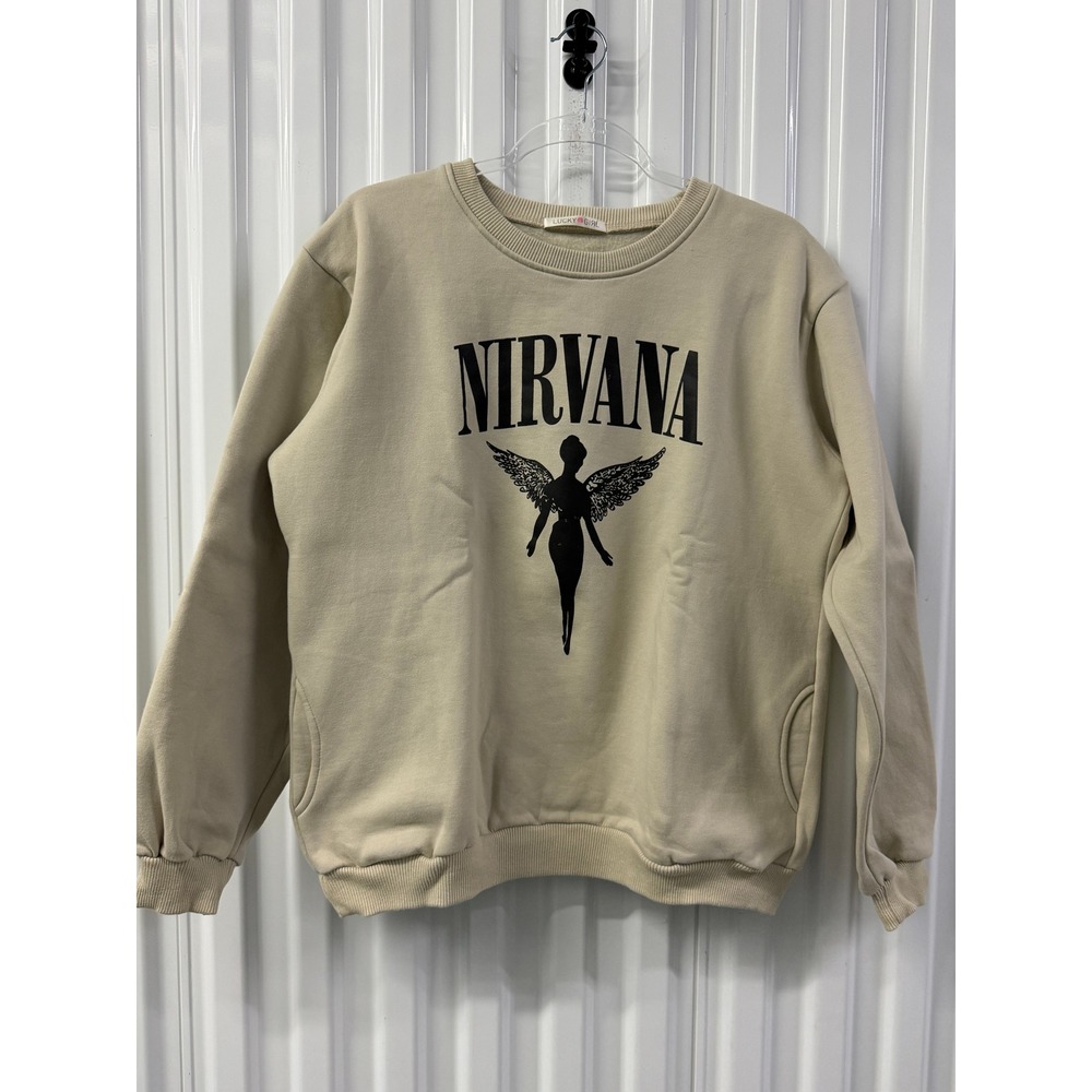 Lucky Girl Nirvana Sweatshirt Womens L Sand Excellent Angel Graphic Pockets